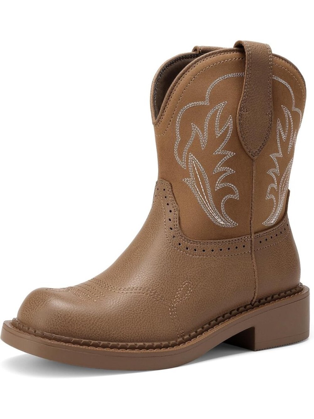 Women's Light Tan Faux Leather Round Toe Western Low Heel Embroidered Boots
